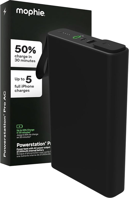 mophie powerstation pro AC (2023)-27,000 mAh External Battery compatbile With MacBook&iPad Portable PD battery with 100W of AC&60W USB-C Fast Charge integrated carry strap-USB-C cable included, Black