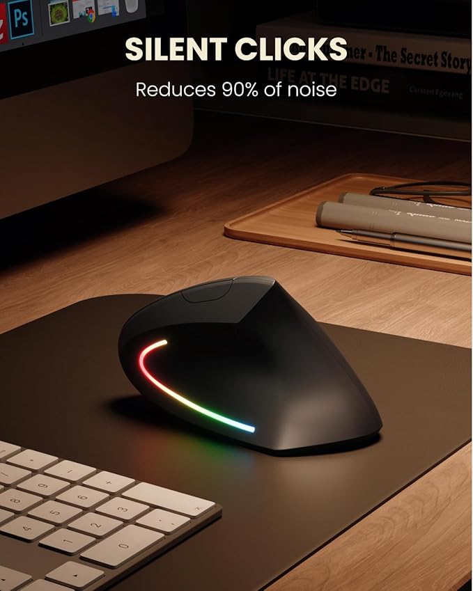 Ergonomic Wireless Rechargeable Mouse, Bluetooth+USB A+Type C(3 in 1) Connection, 5 Levels Up to 4800 DPI, 6 Silent Buttons, 2.4GHz Carpal Tunnel Vertical Mice, for Laptop, Desktop,MacBook-black