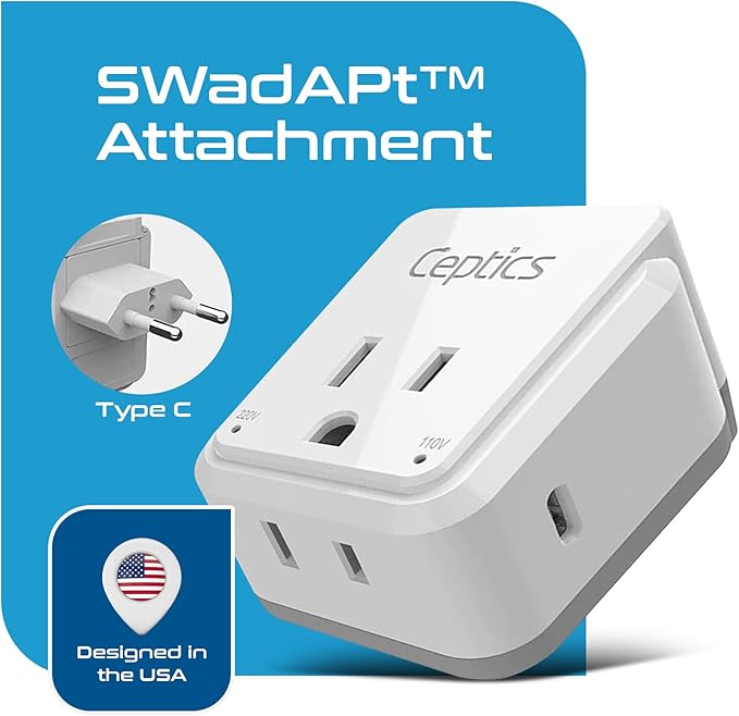 Ceptics European Plug Adapter, Safe USB-C 30W PD & QC 3.0-2 USA Socket - Compact & Powerful - Use in Greece, Italy, Switzerland, Turkey, Portugal - Includes Type C Swadapt Attachment