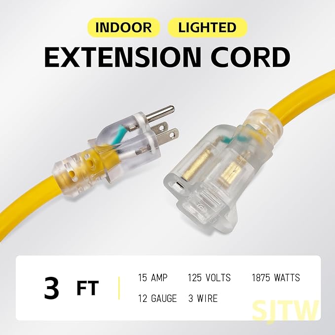 EP 3 ft Lighted Extension Cord - 12/3 SJTW Heavy Duty Yellow Extension Cable with 3 Prong Grounded Plug - 15AMP Power Cord for Lawn, Garden, Appliances
