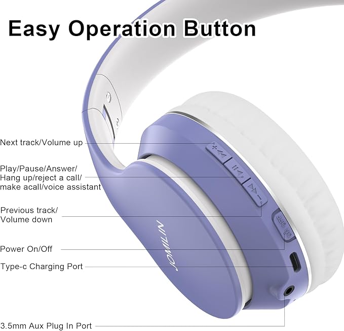 JOMILIN B9 Wireless Headphones Over-Ear, 60 Hours Playtime Lightweight Folding Hi-fi Stereo Bass Bluetooth Headset with Mic, Volume Control Headphones for iPad/Travel/Tablet/PC (Purple)