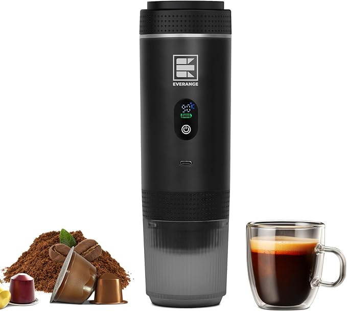 Portable Electric Espresso Machine, Travel Coffee Maker Brewer Compatible with Ground Coffee & NS Capsules (Black with LCD Screen)