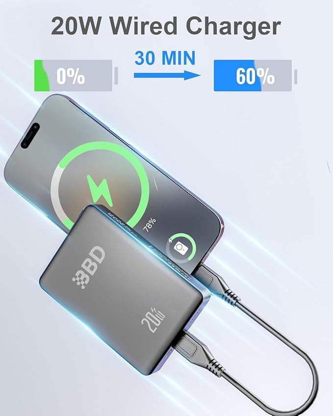 BBD Magsafe Portable Charger,10000mAh Magnetic Power Bank Fast Charging PD 20w with USB C Cable,Slim Magsafe Battery Pack Travel Essential,Wireless Power Bank for iphone 17/16/15/14/13/12 Series 1Pack