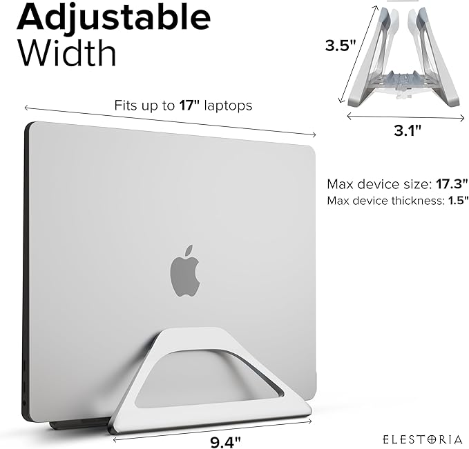 Elestoria Vertical Laptop Stand Holder- Adjustable Laptop Holder Vertical fits All MacBook, Chromebook & Gaming Laptops - Silver