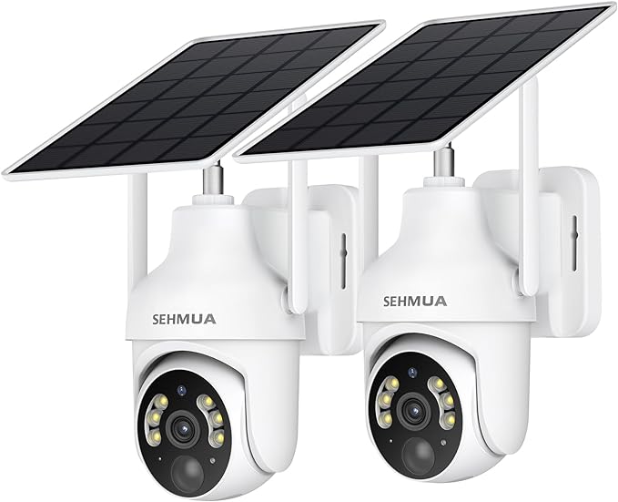 SEHMUA 2K Solar Security Cameras Wireless Outdoor, 2 Pack 360° View Pan/Tilt WiFi Security Camera Outside with Color Night Vision,Easy to Install, PIR Alarm, 2-Way Audio