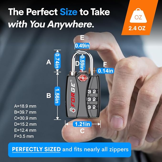 Forge Luggage Locks TSA Approved Black 1 Lock, Small Combination Lock with Zinc Alloy Body, Open Alert, Easy Read Dials, for Travel Suitcase, Bag, Backpack, Lockers.