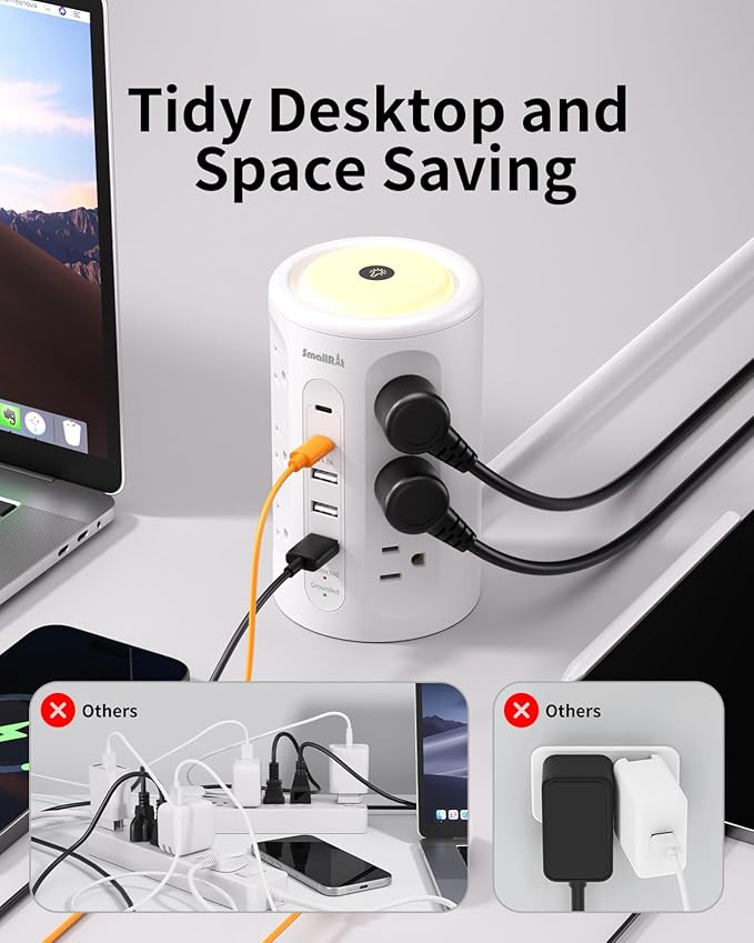 Surge Protector Power Strip Tower with 5 USB Ports and Night Light,10FT Extension Cord with 12 AC Multiple Outlets (White)