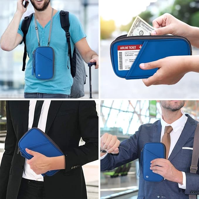 RFID Passport Holder for Family - Large Travel Wallet Holder with Zipper Pocket, Lightweight Portable Document Organizer Passport Card Cover, Blue