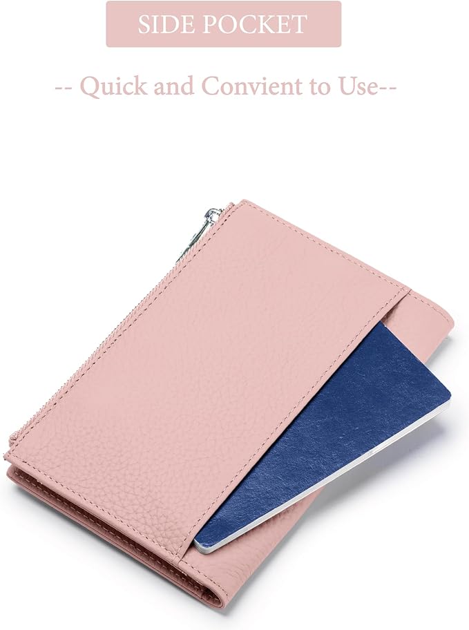 Leather Travel Wallet for Women, Slim RFID Blocking Passport Holder, Compact Passport Wallet with Zippered Coins Pocket and SIM Slots, Ladies Passport Cover