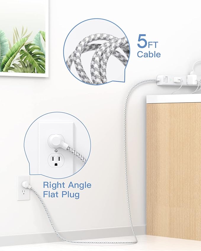 One Beat 5 ft Extension Cord,Power Strip Surge Protector 8 Widely AC Outlets 3 USB,Flat Plug, Desktop Charging Station with Overload Protection,Wall Mount for Home,Office,Travel,Computer ETL Listed