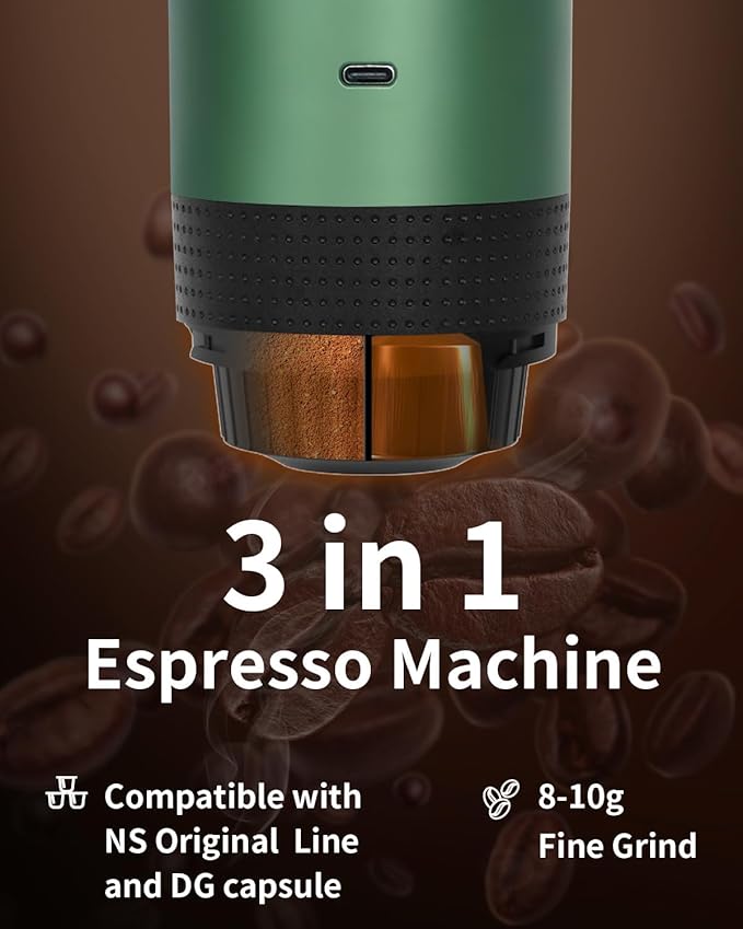 Portable Electric Espresso Machine, Car Coffee Maker for Travel Camping, Battery Powered Coffee Brewer Compatible with Ground Coffee & NS Capsules, Green