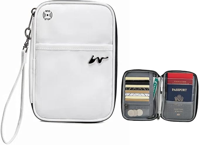 P-H1 Travel Family Passport Holder RFID Blocking Passport Waterproof Wallets for Men Women Travel Document Organizer Cards Case, Lightweight Portable Passport Cover with Zipper Pocket(White)