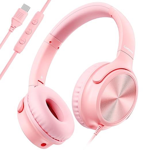 USB C Headphones Wired, Over Ear USB C Wired Headphones with Microphone, Volume Control, HD Stereo Sound, Foldable USB Type C Headphones for Adult/Teens/Chromebook/Laptop/Computer/iPhone,Pink