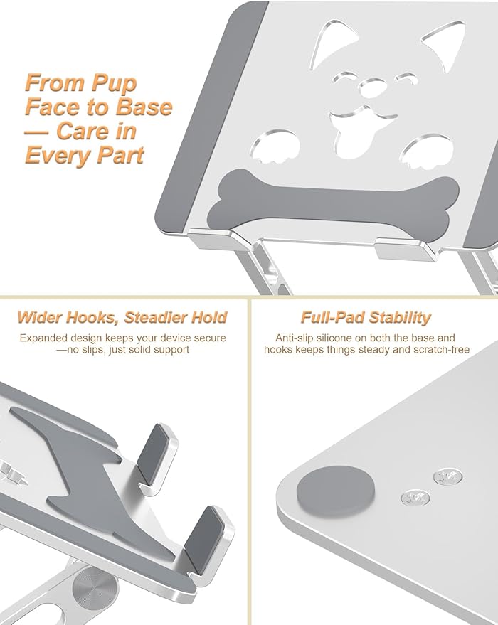 Laptop Stand for Desk – Adjustable Portable Laptop Riser, Aluminum Laptop Holder Compatible with MacBook Air Pro, Dell, HP, Lenovo (10"-17.3"), Featuring Unique Puppy Panel Design, Silver