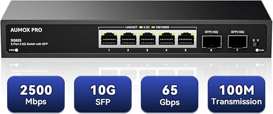 7 Port 2.5Gb Unmanaged Ethernet Switch with 5* 2.5G Base-T Ports, 2*10G SFP Ports, AUMOX PRO 65 Gbps Vlan Switching Capacity Compatible with 100/1000/2500Mbps Plug and Play