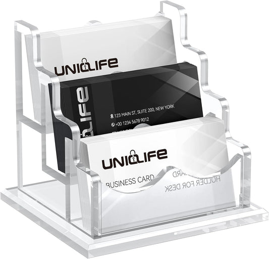 Uniclife Acrylic Business Card Holder for Desk 3 Slots Clear Horizontal Business Card Display Stand for Men & Women Desktop Name Card Organizer Card Stand for Office Home Exhibition, 180 Card Capacity