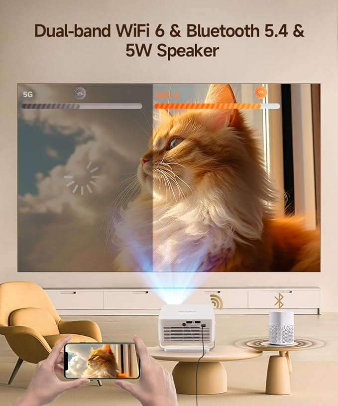 2025 Android 14 Smart Projector 4K & 8K Support, Portable Projector with WiFi 6 and Bluetooth 5.4, Auto Focus & Vertical Keystone, 180°Rotatable, Mini Proyector for Outdoor Home HY300Max