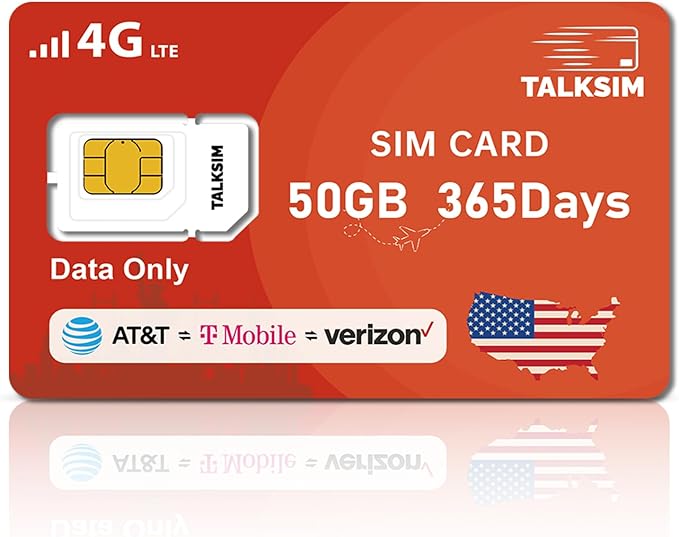 Data SIM Card 50GB 365Days Support Verizon, AT&T and T-Mobile, 4G LTE USA SIM Compatible with Unlocked Security Camera/Router/Mobile WiFi Hotspot/Tablet/Hunting Trail Camera iot Devices