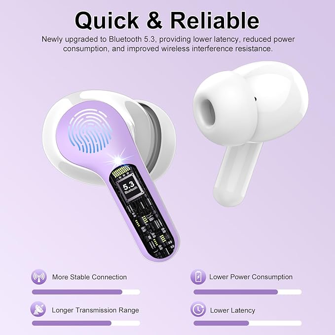 Wireless Earbuds, Bluetooth 5.4 Headphones HiFi Stereo, Bluetooth Earbuds with ENC Noise Cancelling Mic,IP7 Waterproof in Ear Earphones, 48H, LED Display Ear buds for Pad Phones Workout Sports, Purple