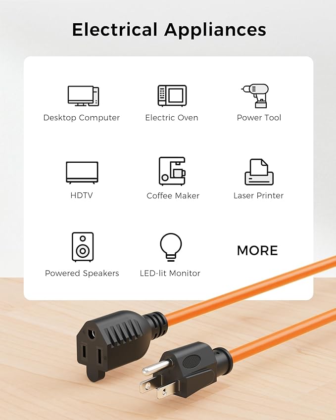 [UL Listed] Cable Matters 2-Pack 16 AWG Heavy Duty 13A Power Extension Cord - 10ft, 3 Prong Power Cord Extension, NEMA 5-15P to NEMA 5-15R, Orange
