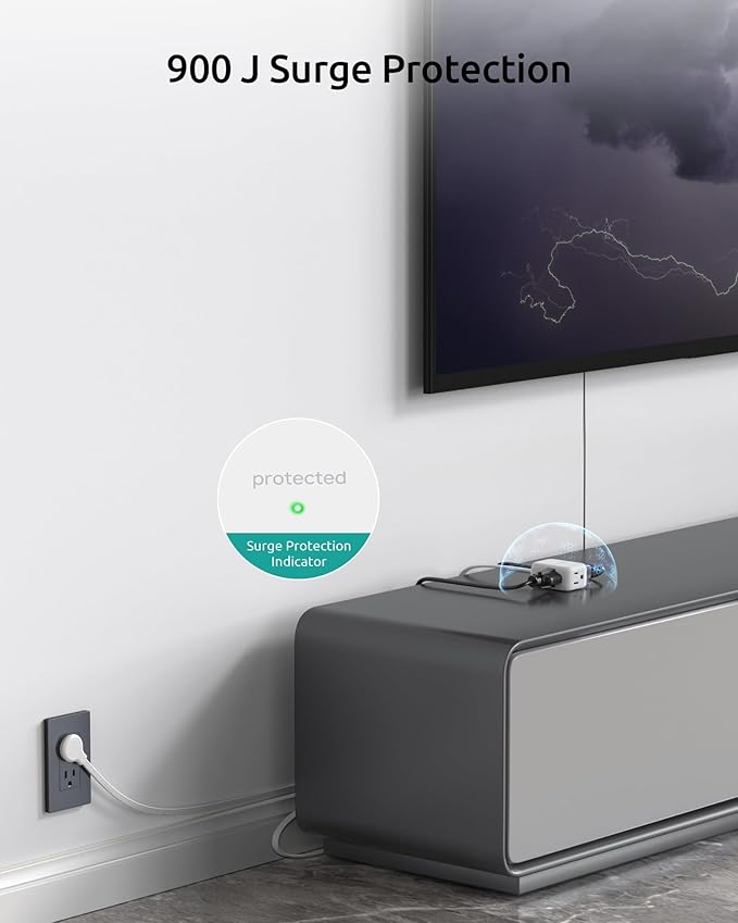 Flat Extension Cord 15ft Long, ETL Listed, NUTICT 3 Prong Indoor Cord Extension, Surge Protector, 13A/1625W, 900J, Low Profile Right Angle Flat Wall Plug, Behind Bed Couch Furniture Tight Space, White