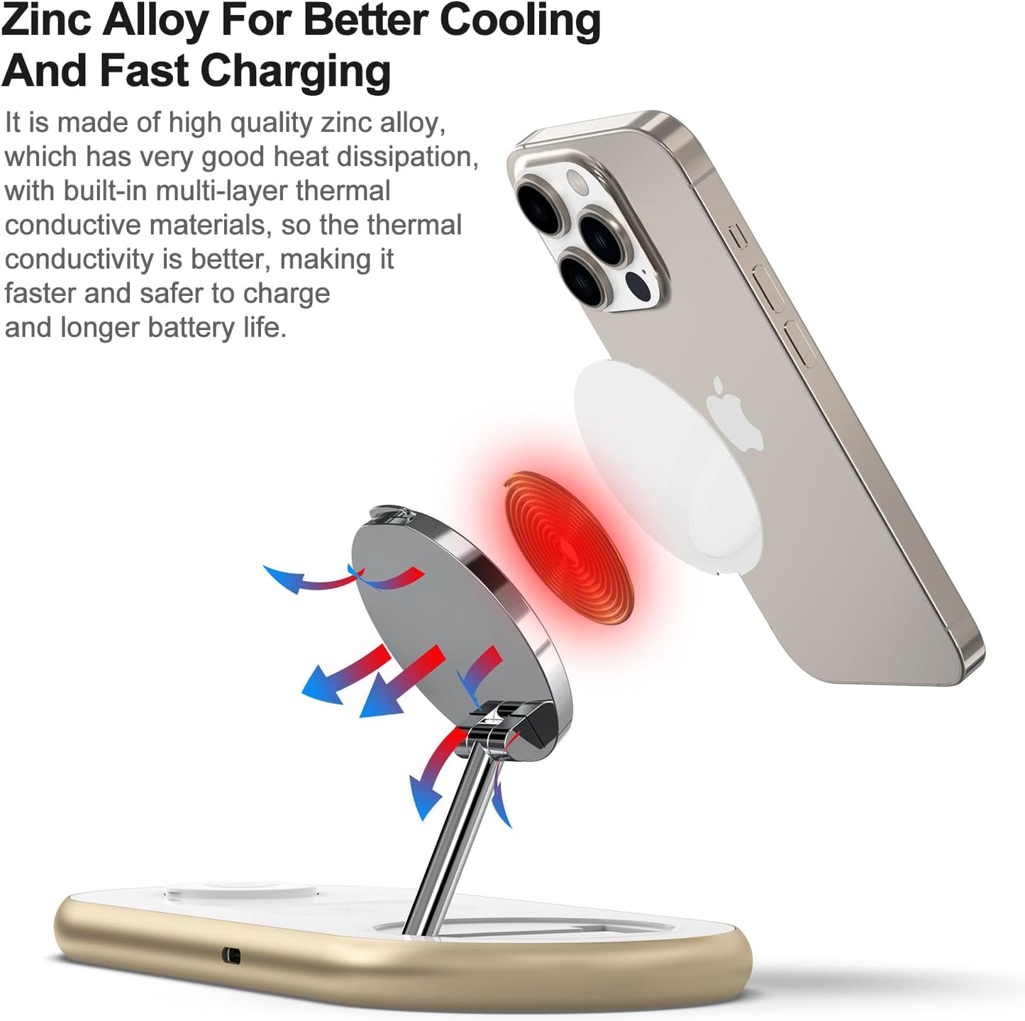 Magnetic Charging Station, 3 in 1 Faster Mag-Safe Wireless Charger Stand, Wireless Charging Pad for Apple Devices, iPhone 16/15/14/13/12 Series, iWatch Series, AirPods (Golden)