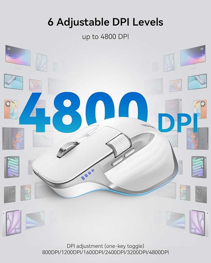 TECKNET Wireless Mouse, Bluetooth Mouse (BT5.0/5.0 & 2.4G) Rechargeable 4800 DPI Ergonomic Optical Mouse with 6 Adjustable, Quiet Clicks, USB A Receiver, 7 Buttons, Wide Compatibility - White