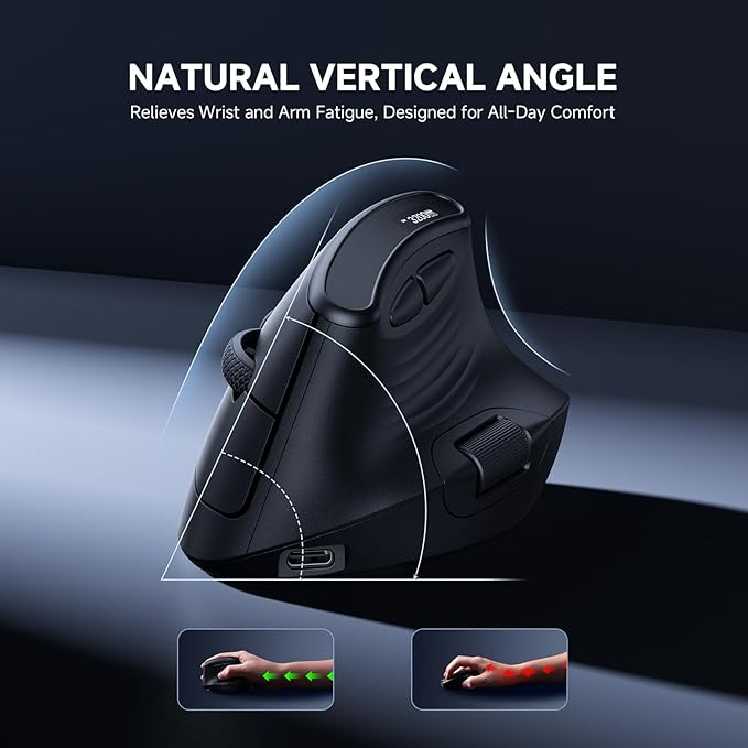 ECHTPower Ergonomic Vertical Mouse, Wireless Rechargeable Mouse with LED Display, 7-Level Adjustable DPI up to 8000, Silent & Programmable Buttons, Multi-Device Connection for PC/Mac/Laptop