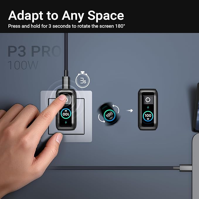 MINIX 100W USB C Charger, 3 Port GaN Charger with Smart Display and Touch Control, Powerful 100W Fast Charging for MacBook pro, iPhone 17/16 Series, Samsung Galaxy, Pixel, Laptop, and More
