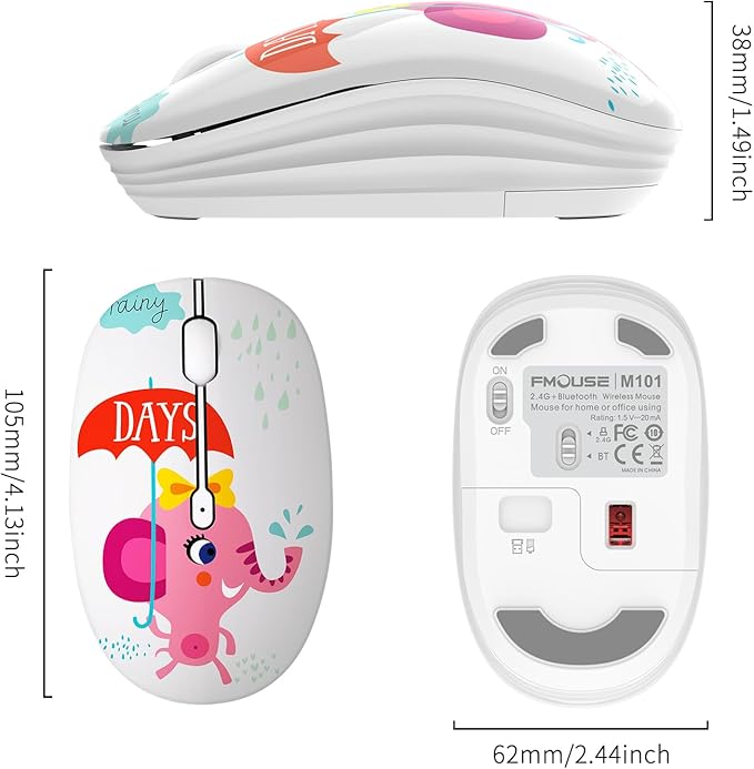 Cute Wireless Mouse Dual Mode with 2.4GHz USB Receiver and Bluetooth Connection for Laptop, iPad, Mac, AA Battery Silent Cartoon Cordless Mice for Kids and Students (Pink Elephant)
