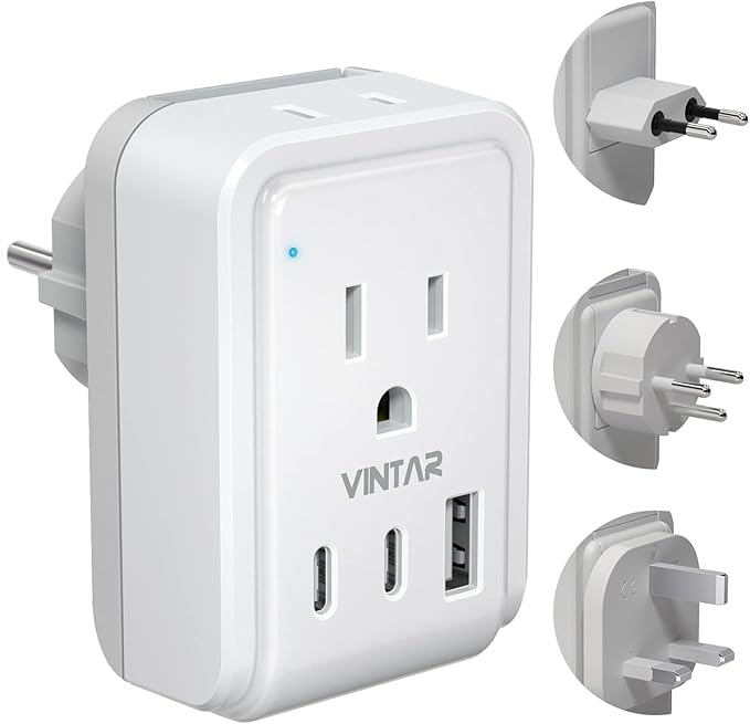 VINTAR Israel Adapter Plug Kit, UK Adapters for Travel with 3 USB Ports (2 USB C) and 2 American Outlets, Type C,G,H Swap&Adapt Attachments, Adapter for Europe and UK Israel Ireland Iceland