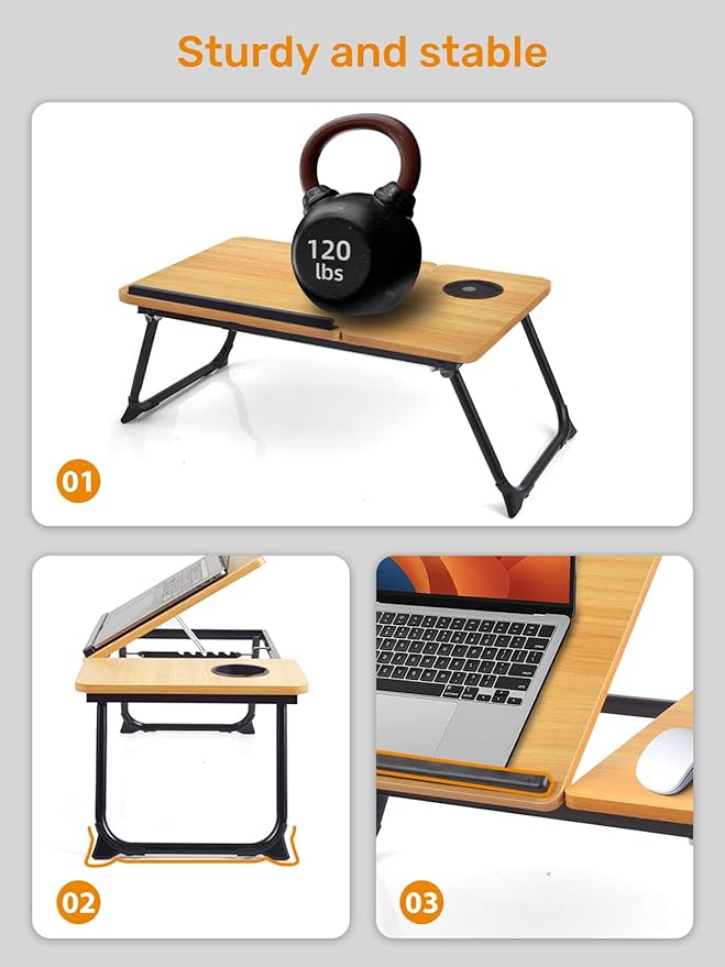 Lap Desk for Couch/Sofa/Floor, 5-Angle Adjustable Bed Desk with Foldable Legs &Cup Holder, Light Weight Bed Tray Table for Writing/Eating/Reading, Portable Laptop Stand for Adults, Kids