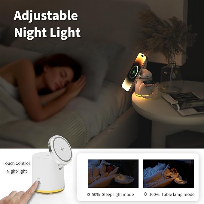 3 in 1 Wireless Charging Station,Qi2 Certified 15W Magnetic Wieless Charger with Night Light,for iPhone 12-17 Series,Apple Watch,Airpods (White)