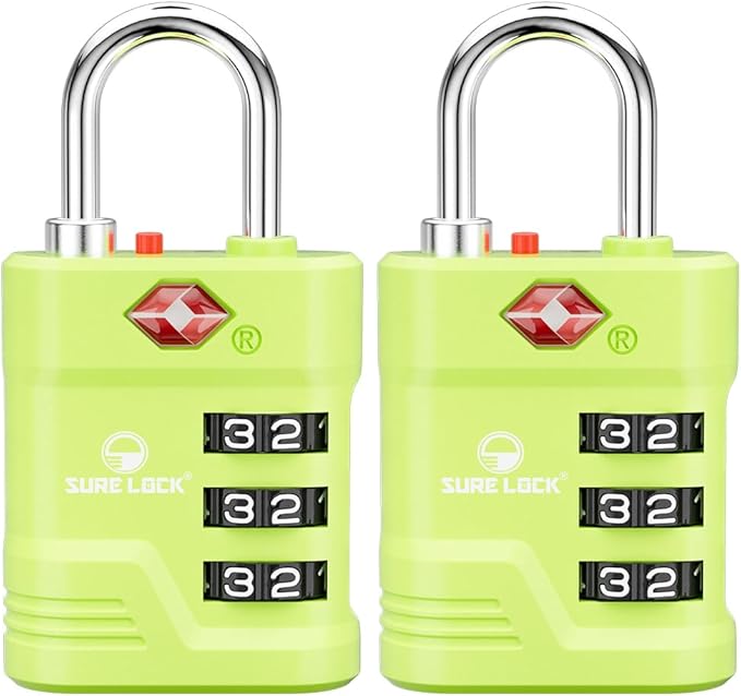 SURE LOCK TSA Locks for Luggage, TSA Approved Luggage Locks with Open Alert, 008 Key for High Security, Easy Read Dials, Zinc Alloy Body, Locker Lock for Suitcase, Gym, Travel. (Green 2 pk)