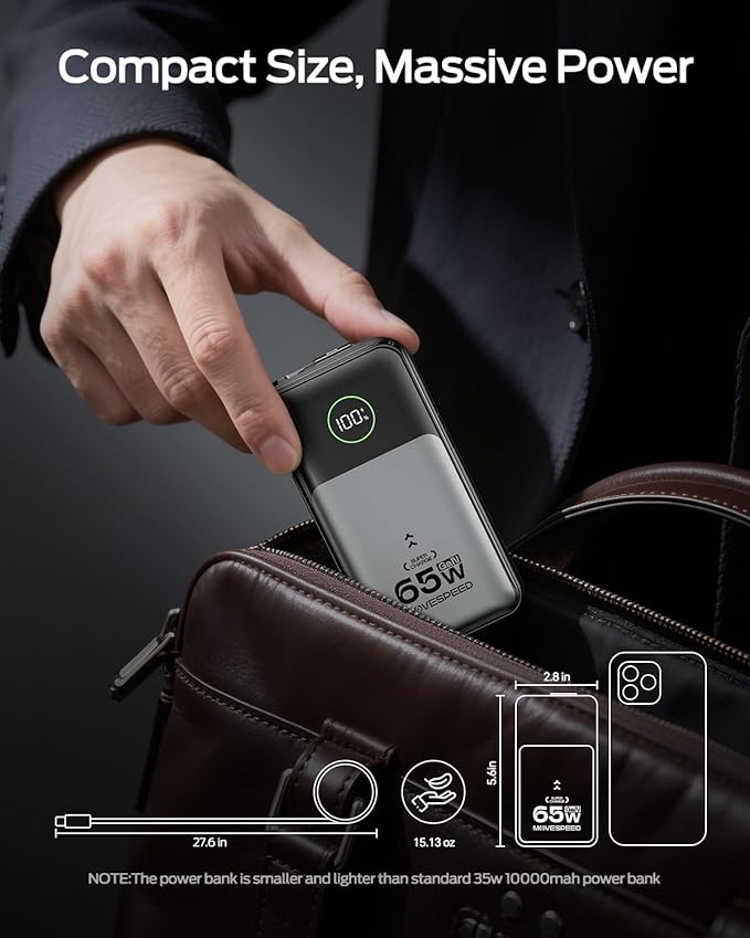 MOVE SPEED Portable Charger Laptop Power Bank 20000mAh 65W, Travel Essentials Battery Pack with Built-in Retractable USB-C Cable & Wall Plug, for MacBook/iPhone 17/16/15/iPad/Galaxy/Dell/HP and More