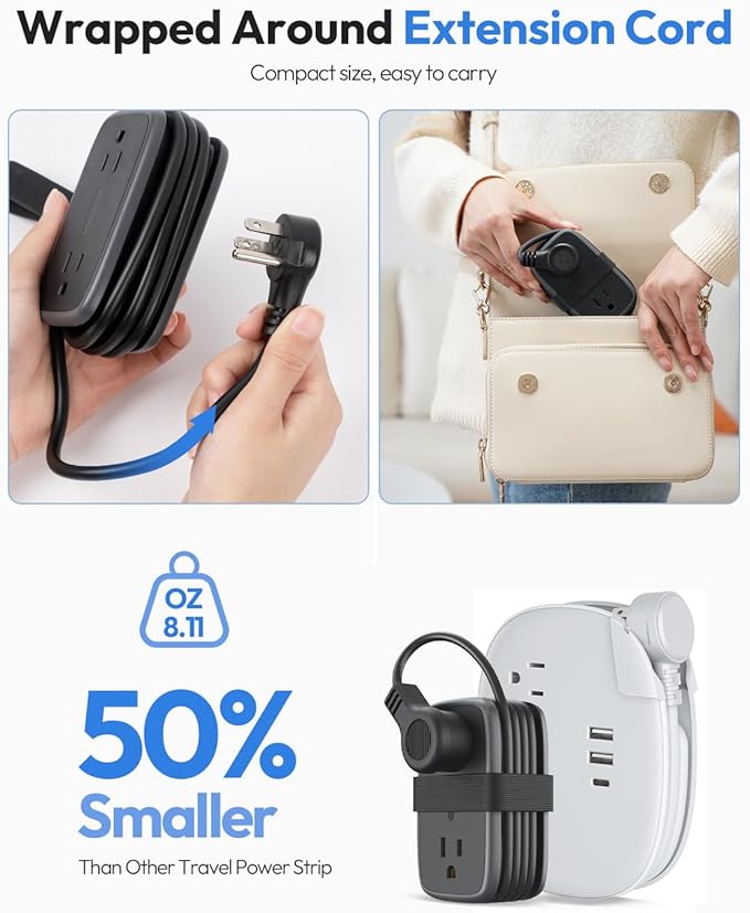 Travel Power Strip with USB C Port, NTONPOWER Flat Plug Extension Cord with 4 Outlets 3 USB (1 USB C) for Cruise Ship Essentials, 4ft Wrapped Short Extension Cord for Hotel Dorm Room,1 Pack