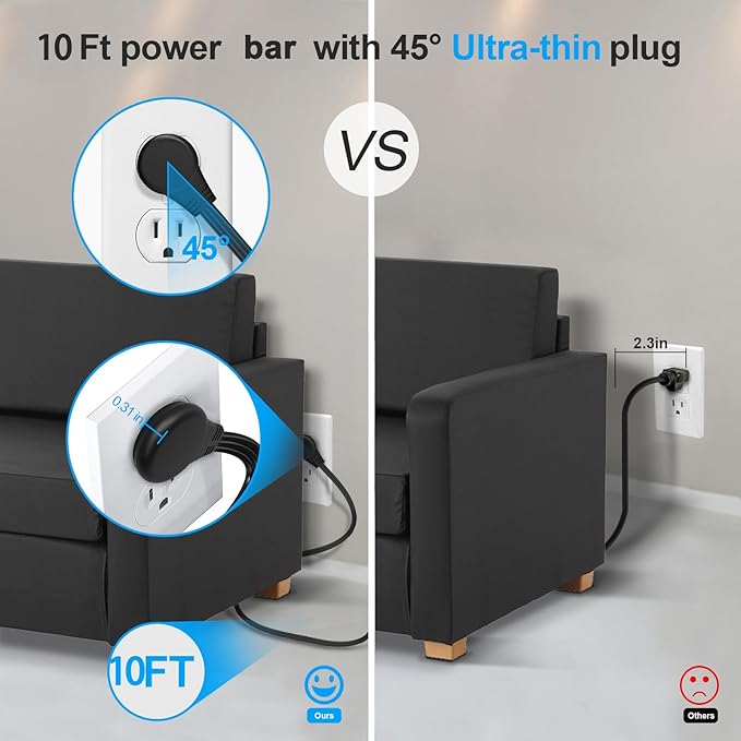 Ultra Flat Plug Surge Protector Power Strip 10 ft Cord,Long Power Strip with 4 Widely Outlets, Thin Extension Cord with 3 USB Ports(1 USB C Port),Slim Desk Charging Station,Black(2 Pack)