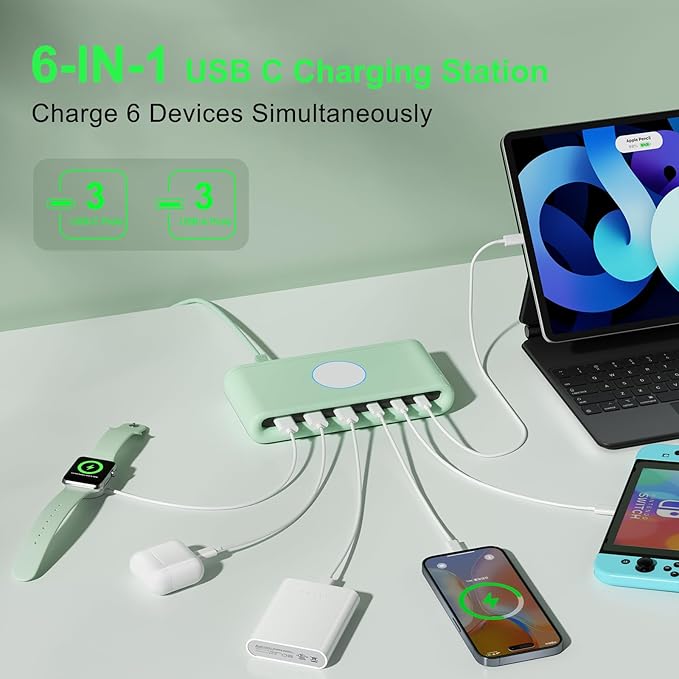 100W USB C Charging Station for Multiple Devices,6 Port USB C Charger Block Fast Charging Dock for iPhone/iPad/Samsung/Pixel/LG