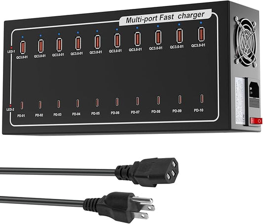 20 Port Fast Charging Station, (10USB C+10USB A) 400W USB Charging Station, simultaneously Charges Mobile Phones, Tablets, Game Consoles and Headphones and Other Devices at high Speed