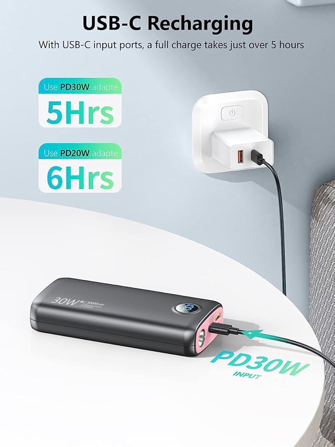 Portable Charger, 30000mAh QC4.0 PD3.0 30W USB C Fast Charging, Power Bank with 3W Flashlight and Led Display, External Battery Pack Travel Essentials for iPhone 17 16, Galaxy, LG, Tablet, and More