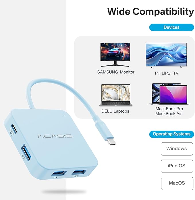 USB C Hub, Multiport Adapter with 4K@60 HDMI, 100W Power Delivery, 3 USB A+1 USB-C 3.1 Data Port, USB to HDMI Adapter for MacBook, Dell, Lenovo, Surface, iPad PRO, XPS (Blue)