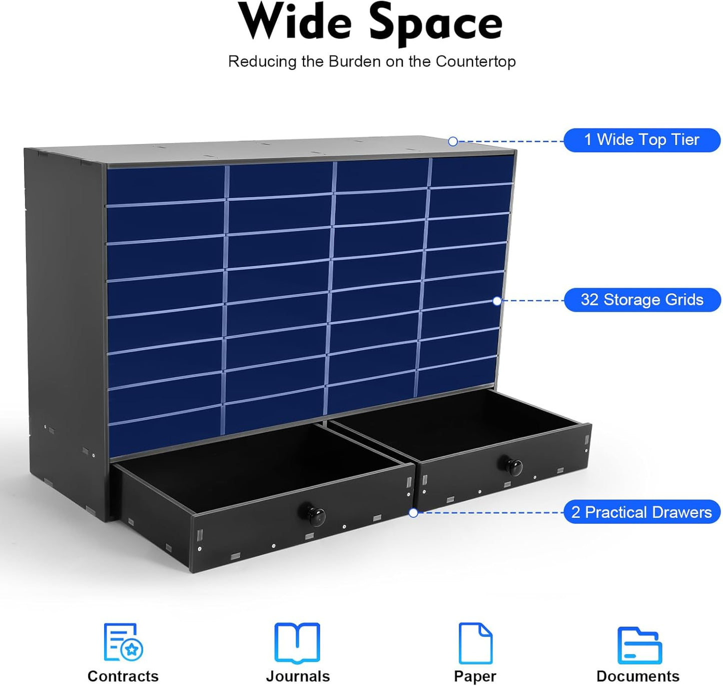 Adjustable Literature Organizer, 32 Slots File Folder Organizer Storage Rack Desktop Letter Office Cabinet 32 Compartment with 2 Drawers Paper Storage Cabinet for Classroom (32+2-Slot-Black)