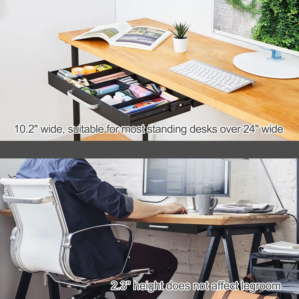 GOME Large Size Under Desk Slide out Pencil Drawer with Adjustable Space Divider Design for Storing Pencil and Office Accessories, Underdesk Pull out Tray Organizer Mounted for Sit Stand Workstation