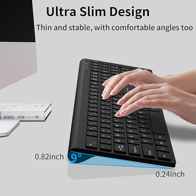 Wireless Keyboard, 2.4G USB Slim Silent Cordless Keyboard for Windows Chrome Laptop Computer PC Desktop Notebook Chromebook, 12 Multimedia Keys, Fn Lock, 110 Keys Full Size with Number Pad - Black ﻿