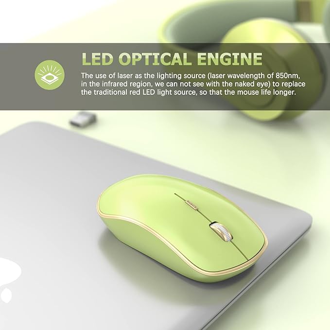 JOYACCESS J 2.4G Slim Wireless Silent Mouse - Portable Wireless Computer Mouse with 5 Adjustable DPI Levels, USB for Desktop, Notebook, MacBook, Chromebook, PC (Light Green)