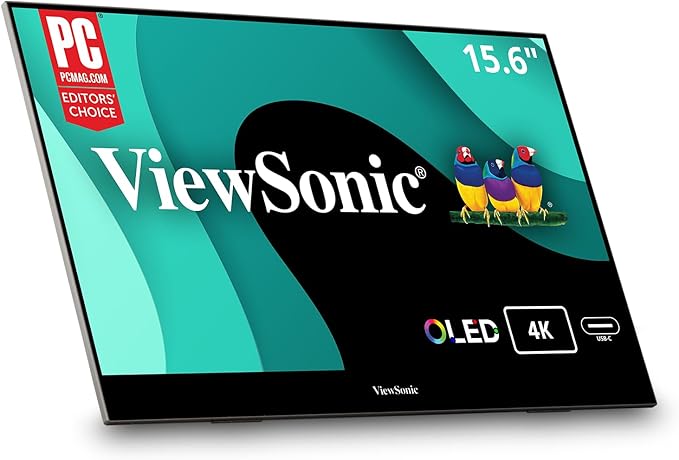 ViewSonic VX1655-4K-OLED 15.6 Inch 4K UHD Portable OLED Monitor with 2 Way Powered 60W USB C, Mini HDMI, Dual Speakers, and Built-in Stand with Magnetic Cover