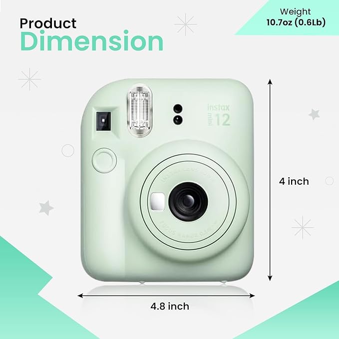 Fujifilm Instant Mini 12 Camera + Accessory Bundle & Custom Case + Fuji Instant Film (20 Shots), Designer Mini Photo Album (60 Pockets) (Mint Green)