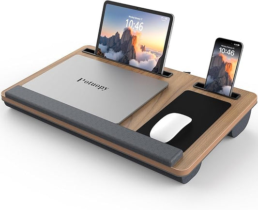 Lap Desk - Up to 17” Laptop Tray with Wrist Rest, Portable Handle, Fixed Mouse Pad, Tablet & Phone Slots, Laptop Stand for Bed with Cushion (Dark Brown Woodgrain)