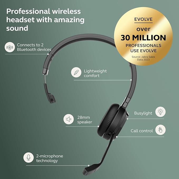 Jabra Evolve 65 TE (Third Edition) Wireless Single-Ear Headphones - Noise-Canceling Mic, 16 hr Battery Life, Dual Connectivity, MS Teams Certified, Supports Other Platforms, Black