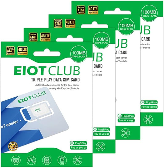 (4 Pack) EIOTCLUB Prepaid SIM Card, 4G LTE SIM Support for Verizon, AT&T and T-Mobile in The USA, Data Only SIM Card for Security Camera Trail Camera Router WiFi Hotspot Unlocked Device, No Contract